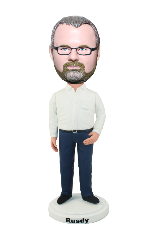 Casual Bobbleheads Male In White And Blue With One Hand On Pocke